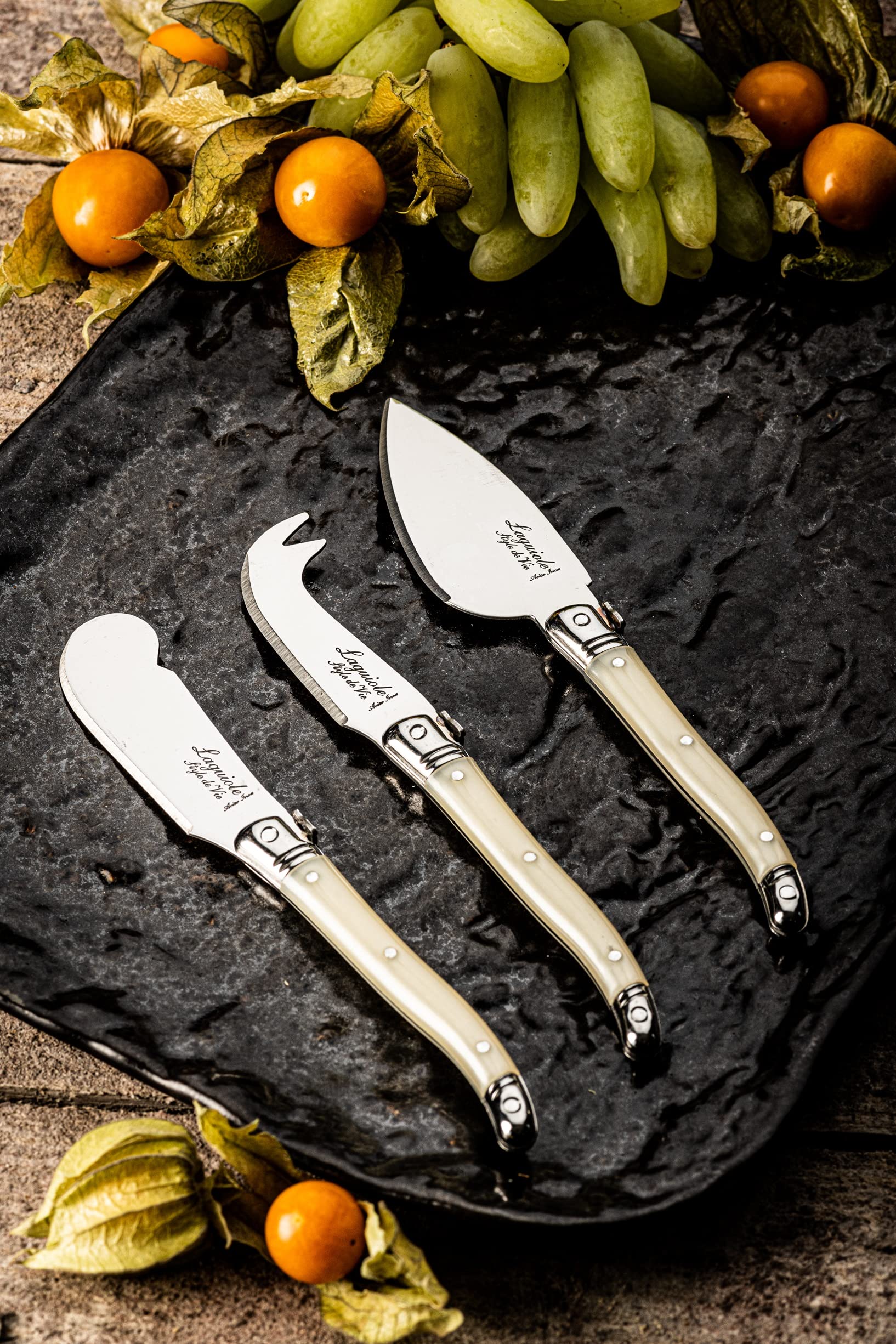 Laguiole Style de Vie Cheese knives Premium Line, set of 3, mother of pearl color