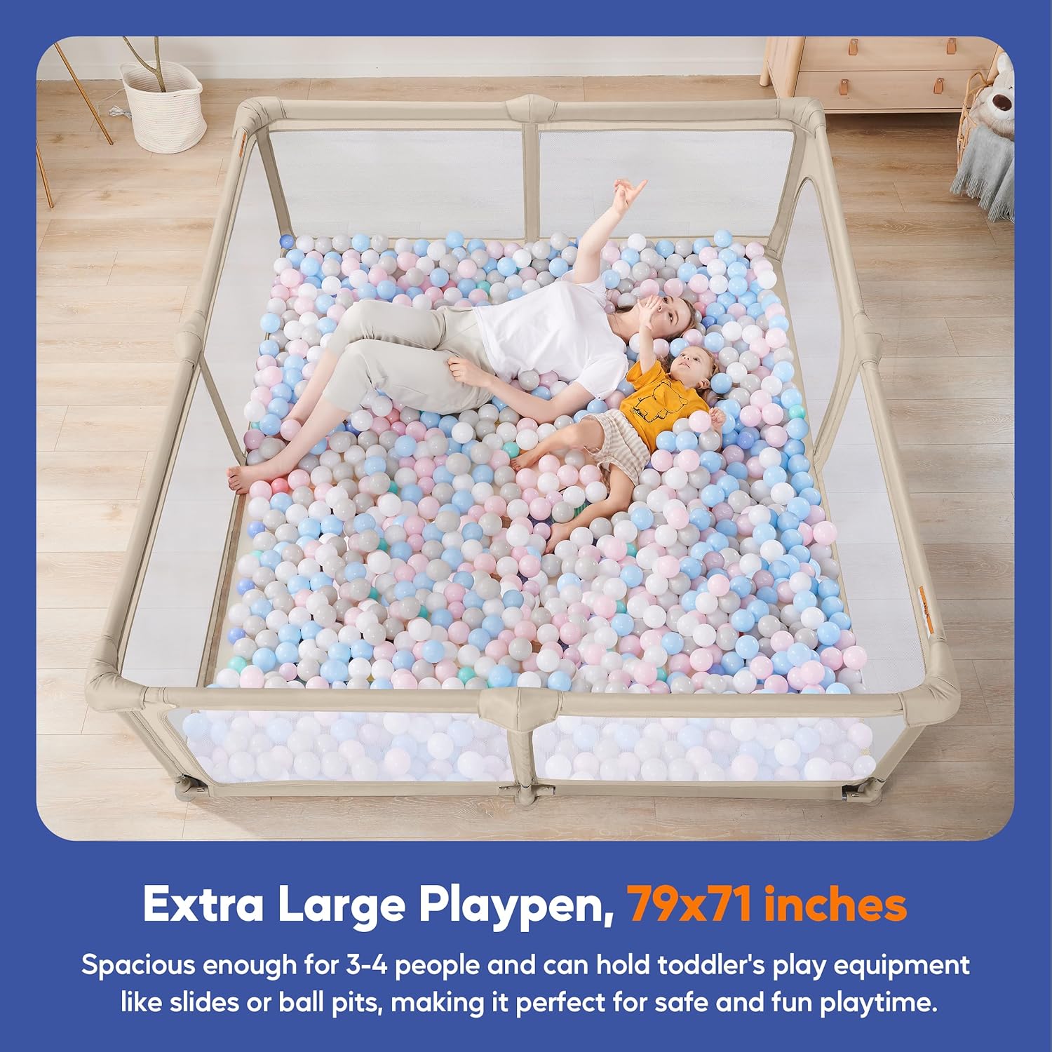 Sweeby Baby Playpen - Extra Large 79x71 Inch Foldable Playpen with Gate | Portable Indoor/Outdoor Use, Beige