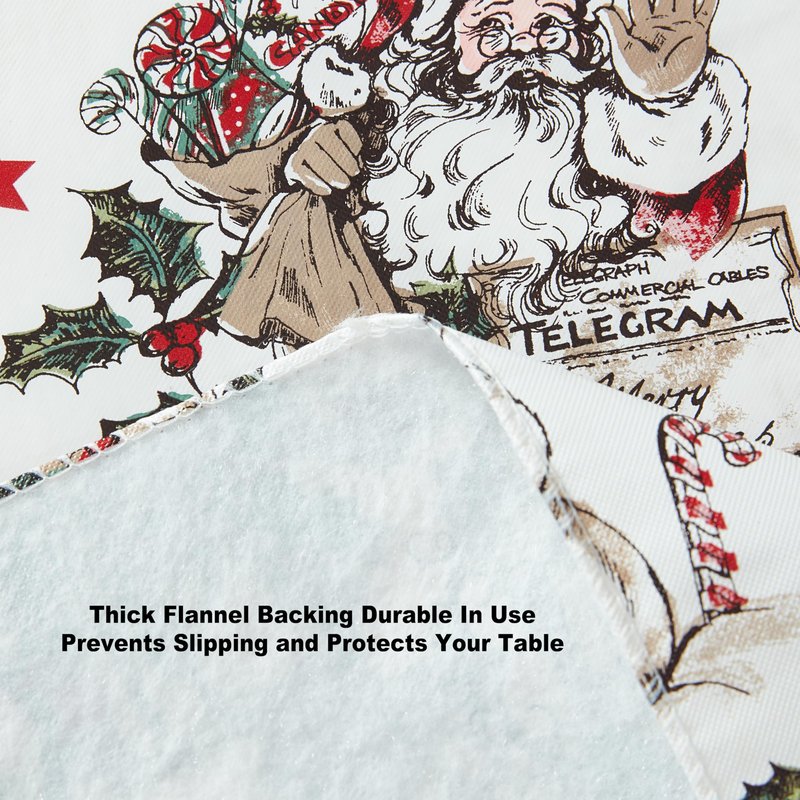 Newbridge Vintage Nostalgia Christmas 60 x 102 Inch Rectangle Vinyl Tablecloth with Flannel Backing – Retro Santa Claus, Snowman & Sleigh Holiday Print Easy-Care Wipe Clean Table Cover