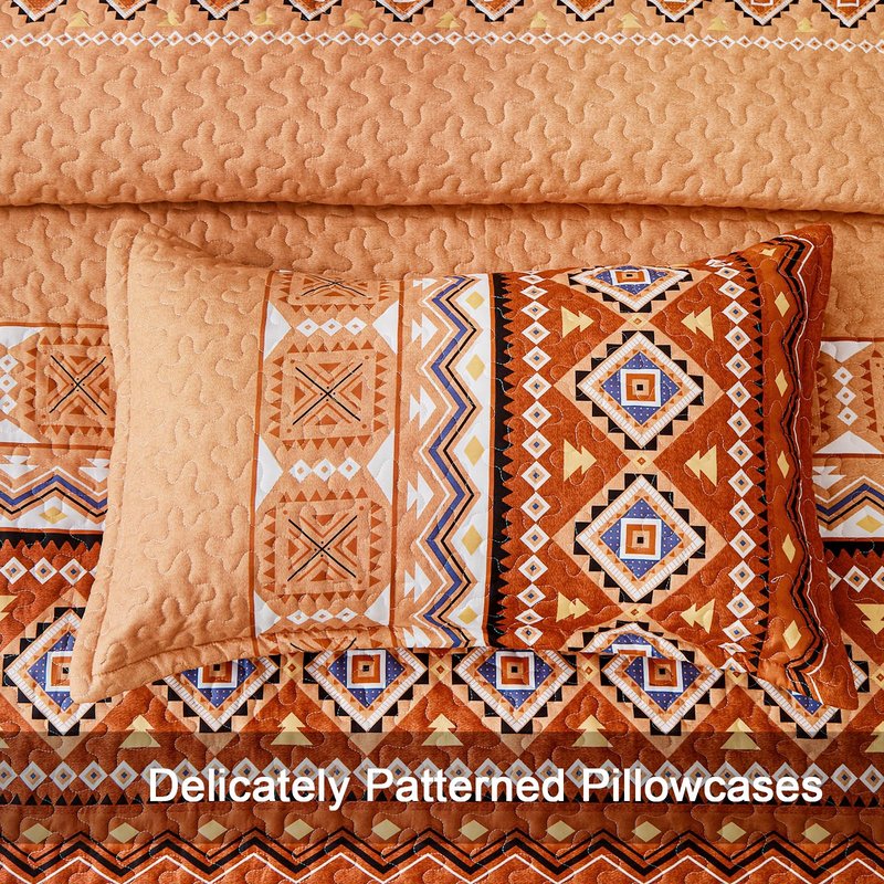 WONGS BEDDING 3 Pieces Quilt Set Queen Size, Burnt Orange/Rust Thanksgiving Quilt Bedspread Bohemian Coverlet Set with 2 Pillowcase, Fall Soft Thanksgiving Bedding Set for All Season 96"×90"