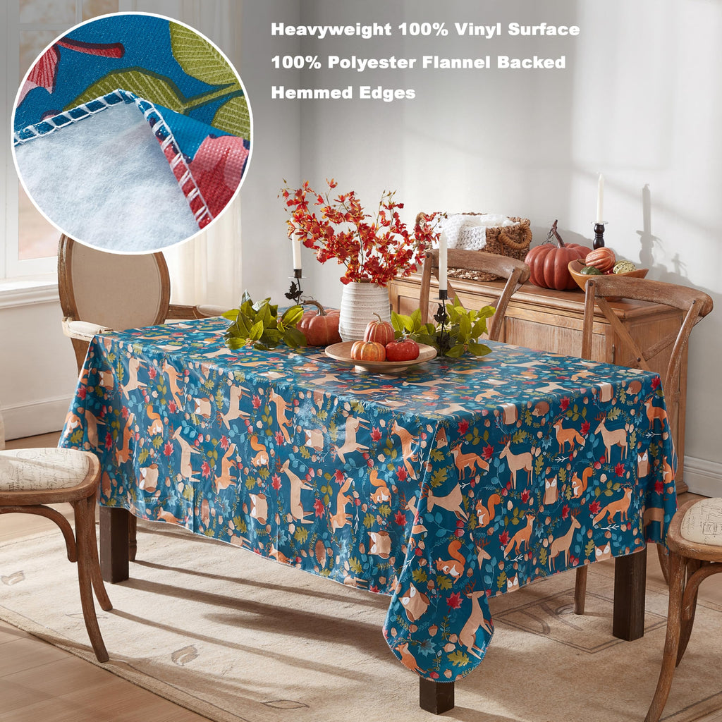 Newbridge Christmas Woodland Critters 60 x 102 Inch Rectangle Vinyl Tablecloth with Flannel Backing, Squirrels Deer and Owl Winter Wreath Easy Care Holiday Table Cover for Christmas Parties