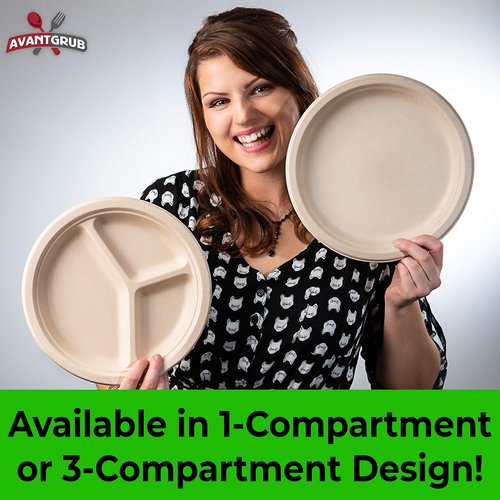 Restaurant-Grade Biodegradable 10 Inch 3-Compartment Plates Bulk 200Pk. Great for Lunch and Dinner Parties. Disposable Compostable Wheatstraw Divided Plates are Leakproof and Microwave Safe.