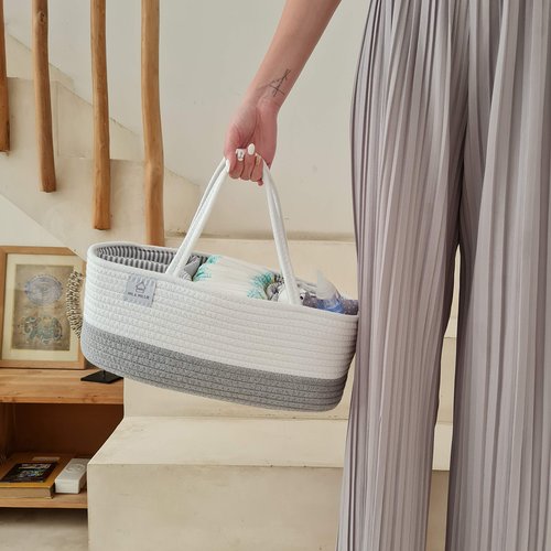 Mila Millie XXL Extra Large Cotton Rope Diaper Caddy, Storage Bin for Nursery Essentials, 100% Natural Cotton Eco-Friendly, Organizer with Removable Divider (White & Gray)