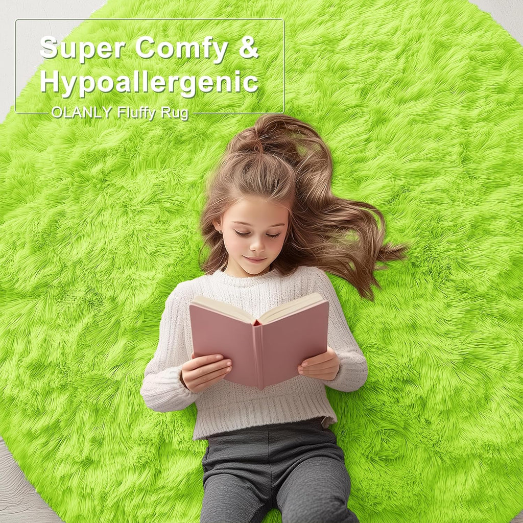 OLANLY Round Lime Green Area Rug - Soft, Fluffy, Machine Washable 2 ft Carpet for Bedroom & Living Room