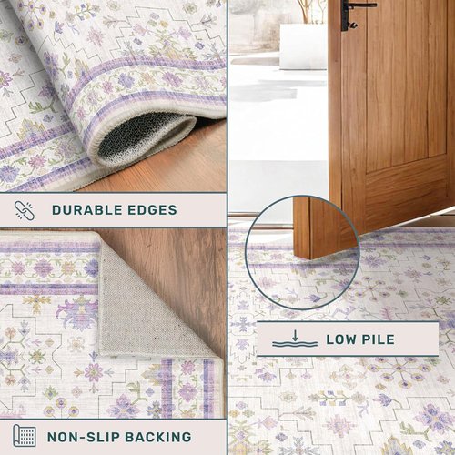Lavender Floral Area Rug by [Brand Name] - Large 8x10 Size, Non-Slip, Stain-Resistant & Washable Carpet