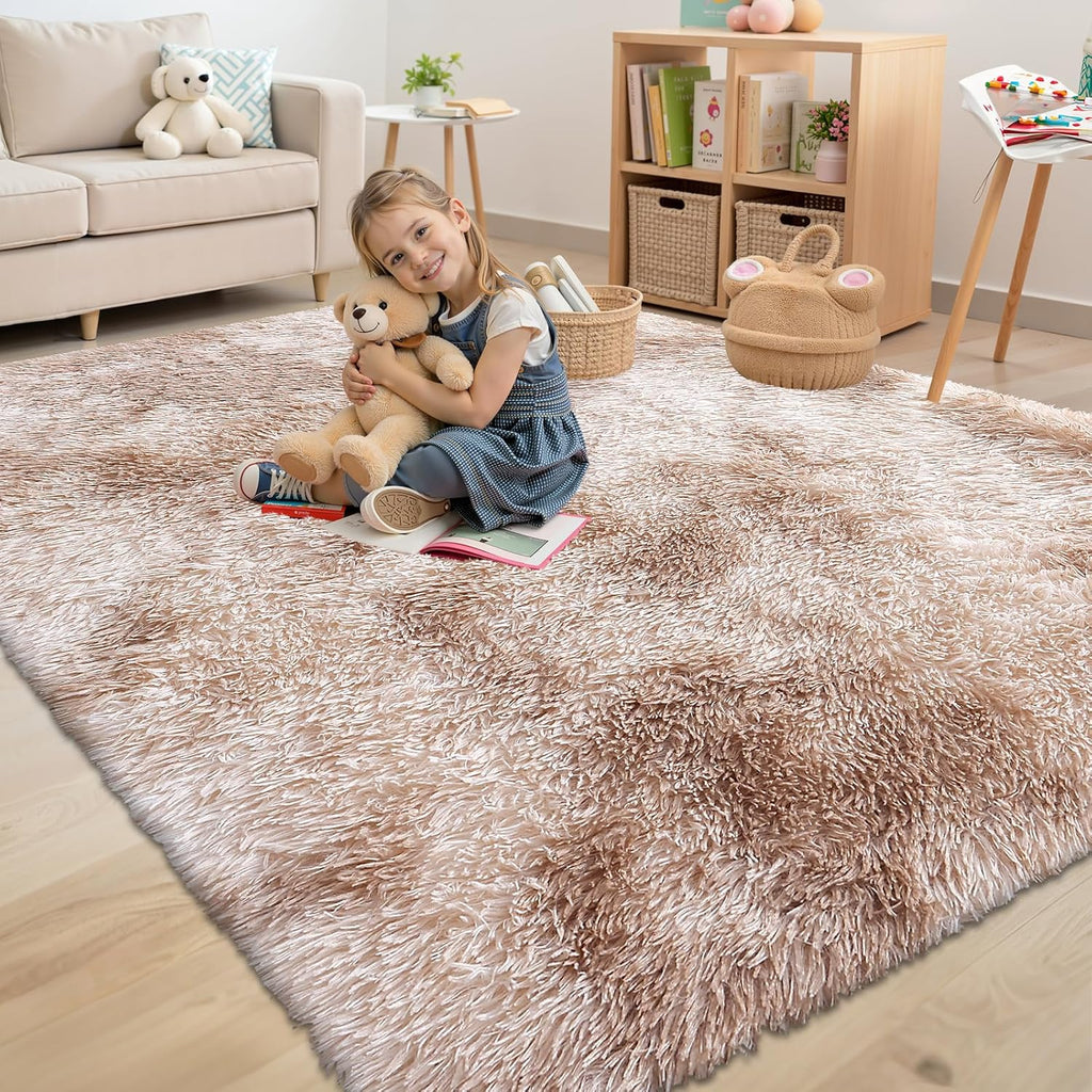OLANLY Area Rugs - Soft Fluffy Shaggy Carpet for Living Room & Bedroom | Machine Washable 4x5.9 Feet, Beige Tie-Dye