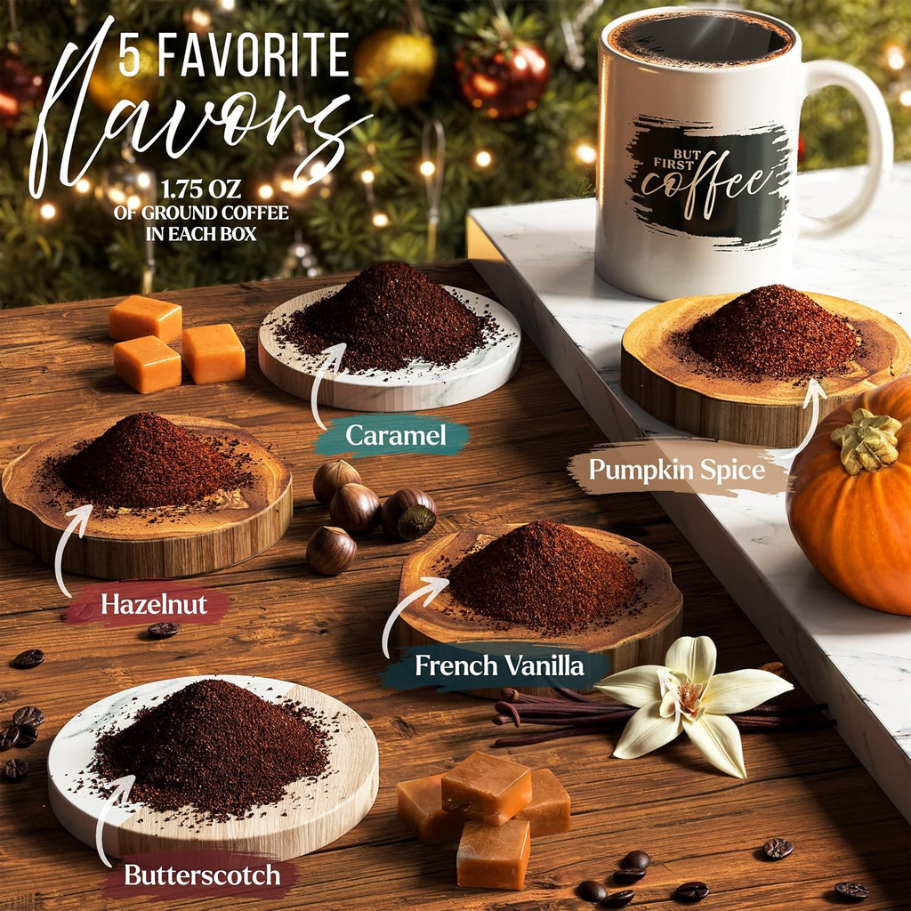 Skiennix Coffee Gift Set - 5 Gourmet Ground Coffee Flavors with Mug - Perfect Unique Christmas Gift