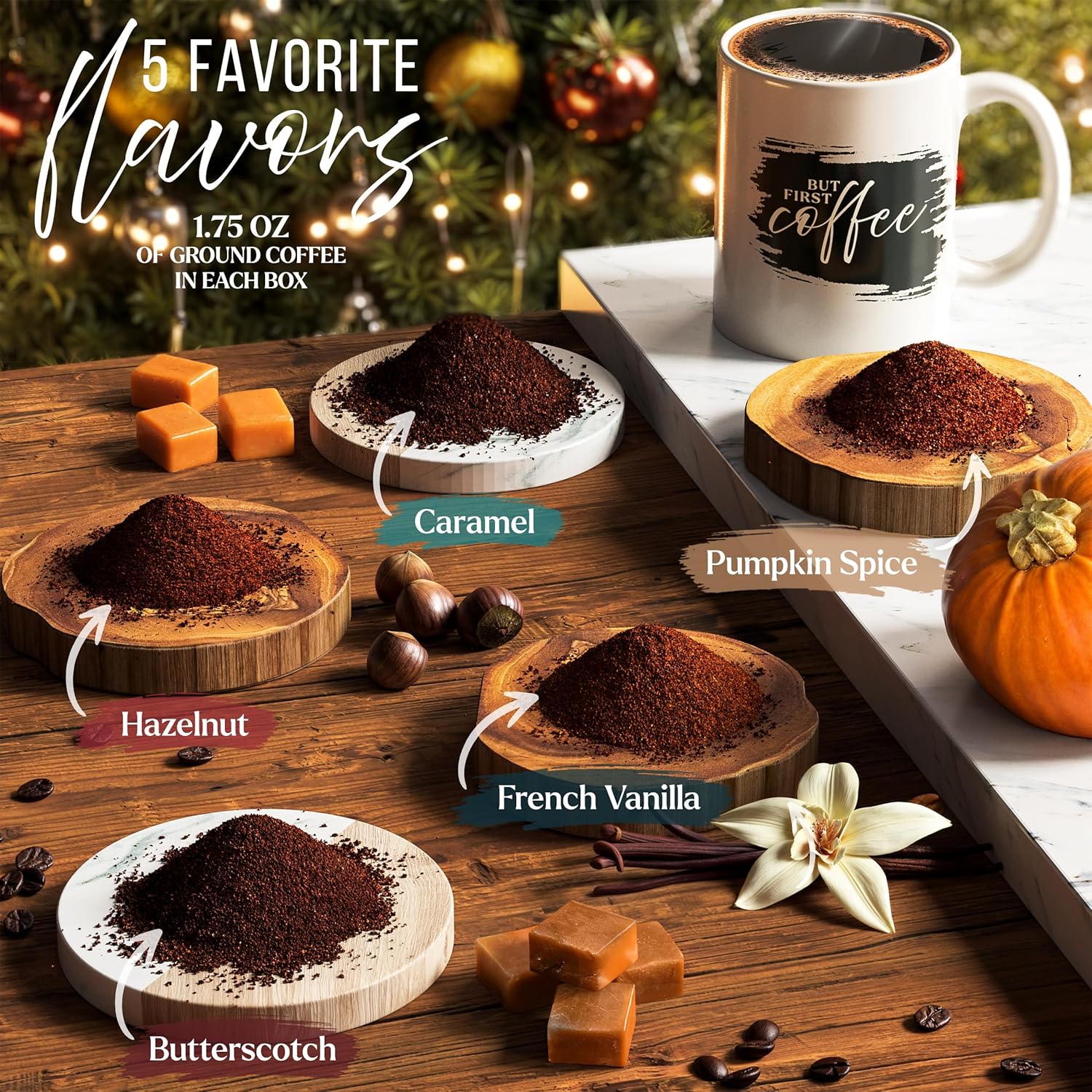 Skiennix Coffee Gift Set - 5 Gourmet Ground Coffee Flavors with Mug - Perfect Unique Christmas Gift