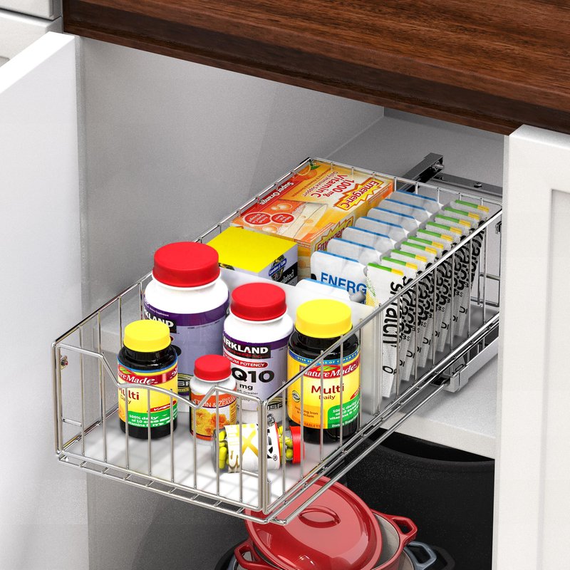 Simple Houseware Pull-Out Cabinet Sliding Basket Organizer, 17.2" D x 9.7" W x 5" H – Chrome Finished, Ideal for Kitchen and Bathroom Cabinet Storage, Under Sink or Pantry Organization