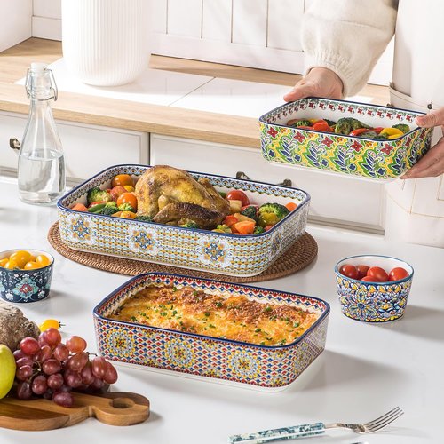 Boho Style Ceramic Baking Dishes Set of 3 | Rectangular Casserole Pans for Oven & Roasting