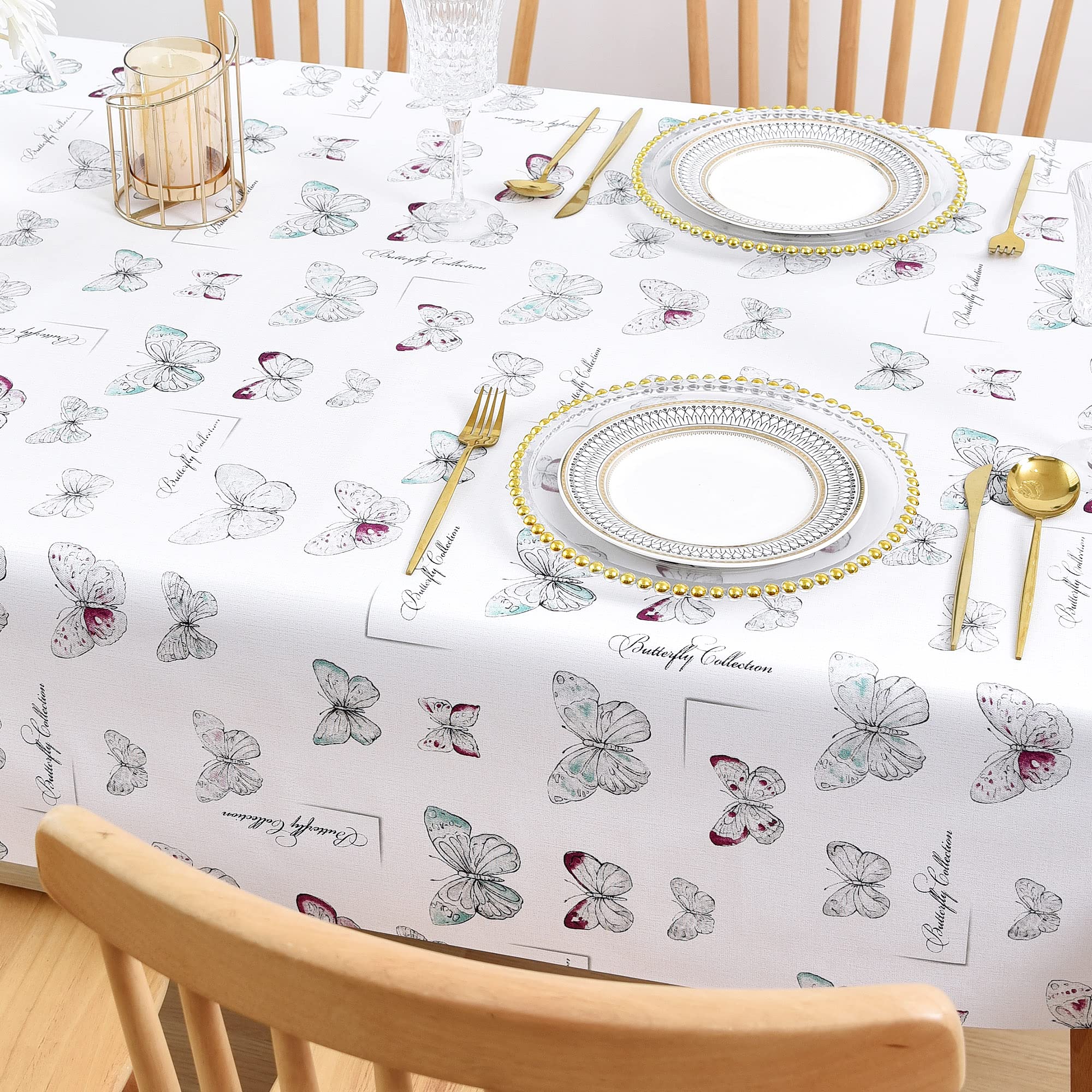 LOHASCASA Vinyl Table Cloth 9ft Plastic Tablecloth, Wipeable Oilcloth Table Covers, Waterproof PVC Rectangle/Oblong Rustic Baby Showe Camping Tablecloth for Picnic Tables, Patio, BBQ, White Butterfly