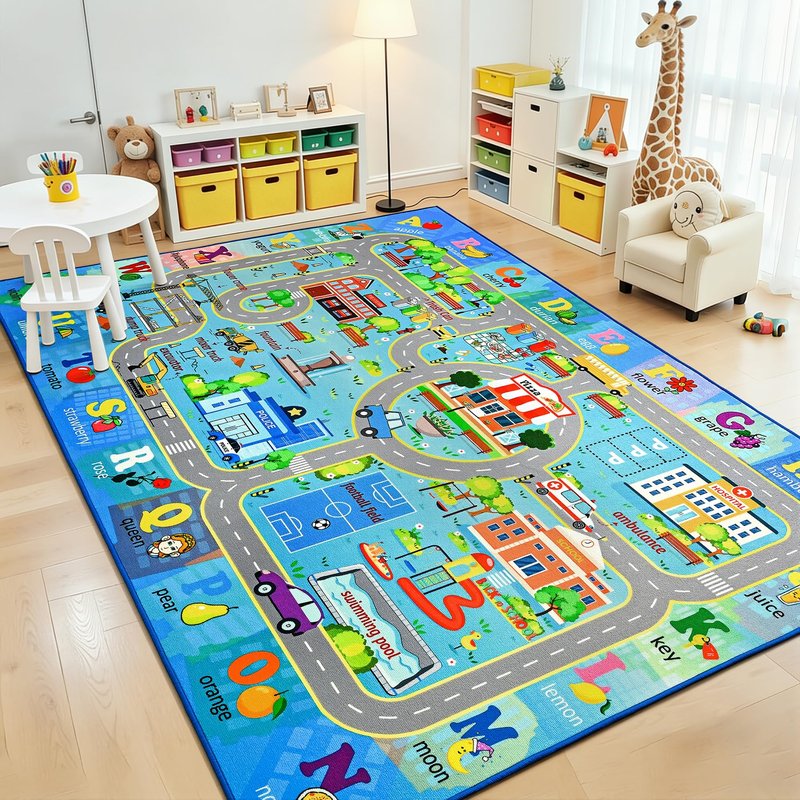 Chicrug 5x7 Car Road Area Rug for Kids Playroom Bedroom, Non Slip Low Pile Washable ABC Alphabet Carpet for Classroom, Track Play Mat for Toddler Children Nursery Baby Room Decor, Blue