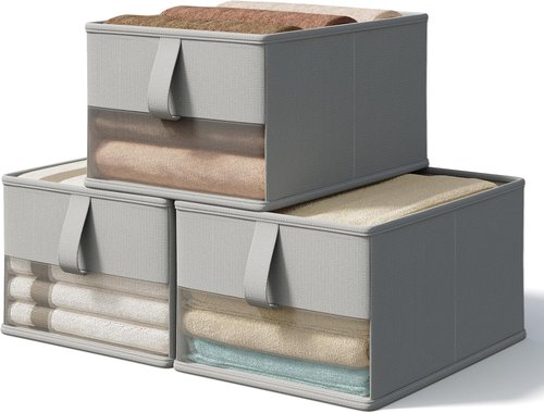 Foldable Storage Bins - Clear Window Fabric Organizers for Closet & Shelves | Odor-Free, Breathable Storage Boxes - 11.5x8.75x6.5in, Gray, 3-Pack