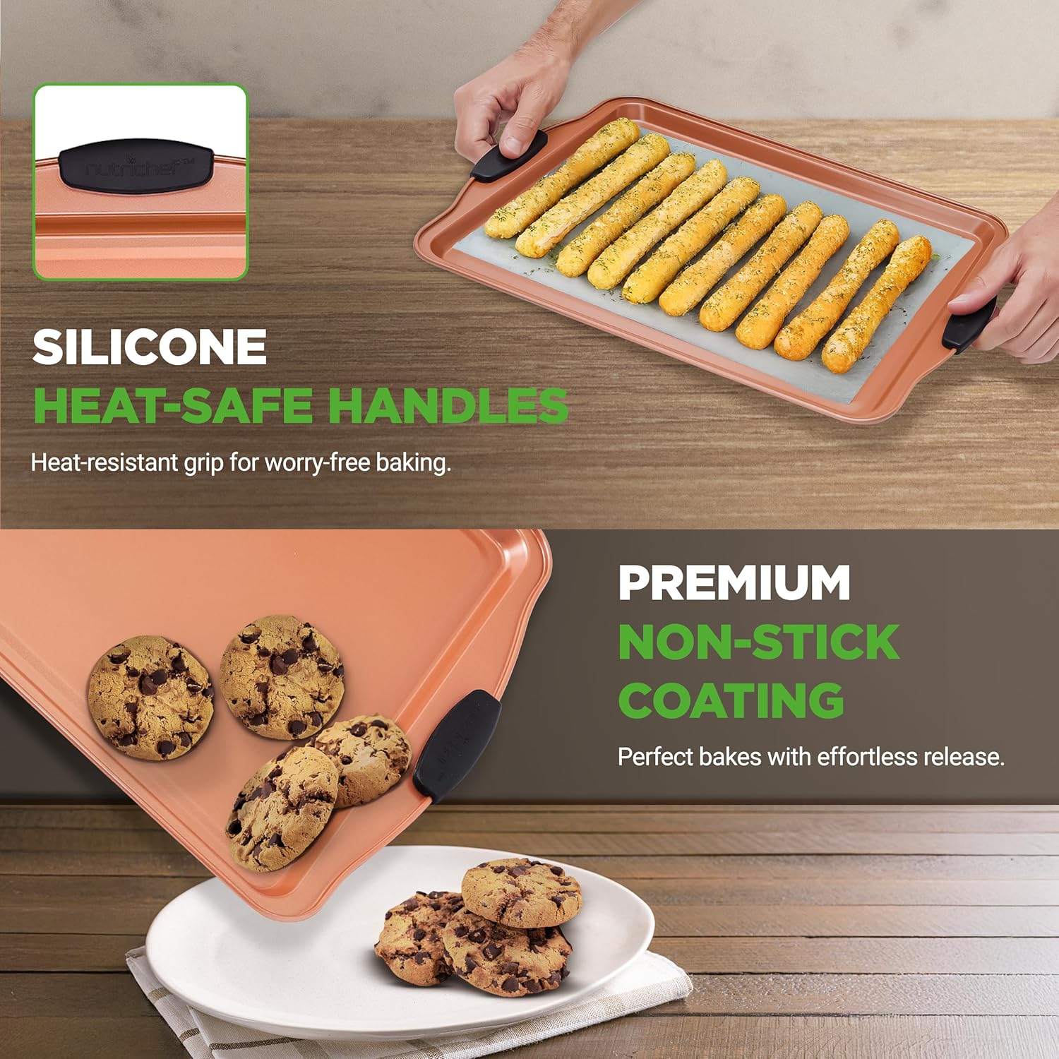 NutriChef Nonstick Cookie Sheets Set - 3 Piece PFOA-Free Carbon Steel Bakeware with Silicone Handles