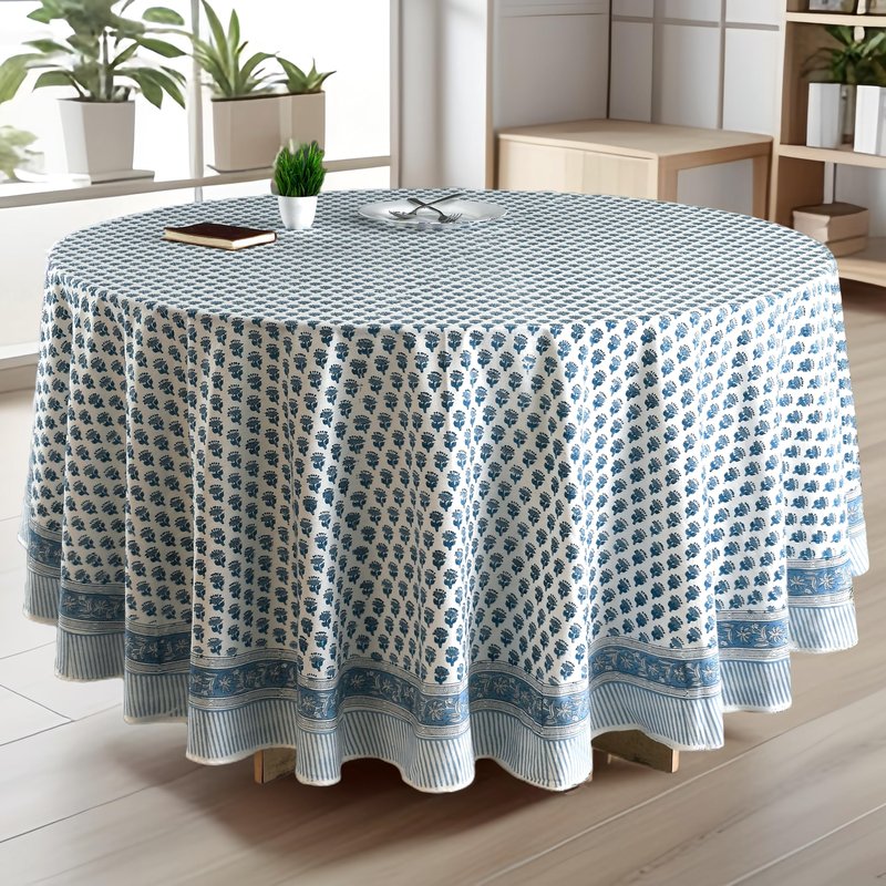 CPC Apatite Blue Block Print Cotton Handmade Round Tablecloth 60 Inch Decorative Table Cover for Home Decor, Dinning, Festive, Wedding, Farmhouse Gift for Spring, Mother's Day