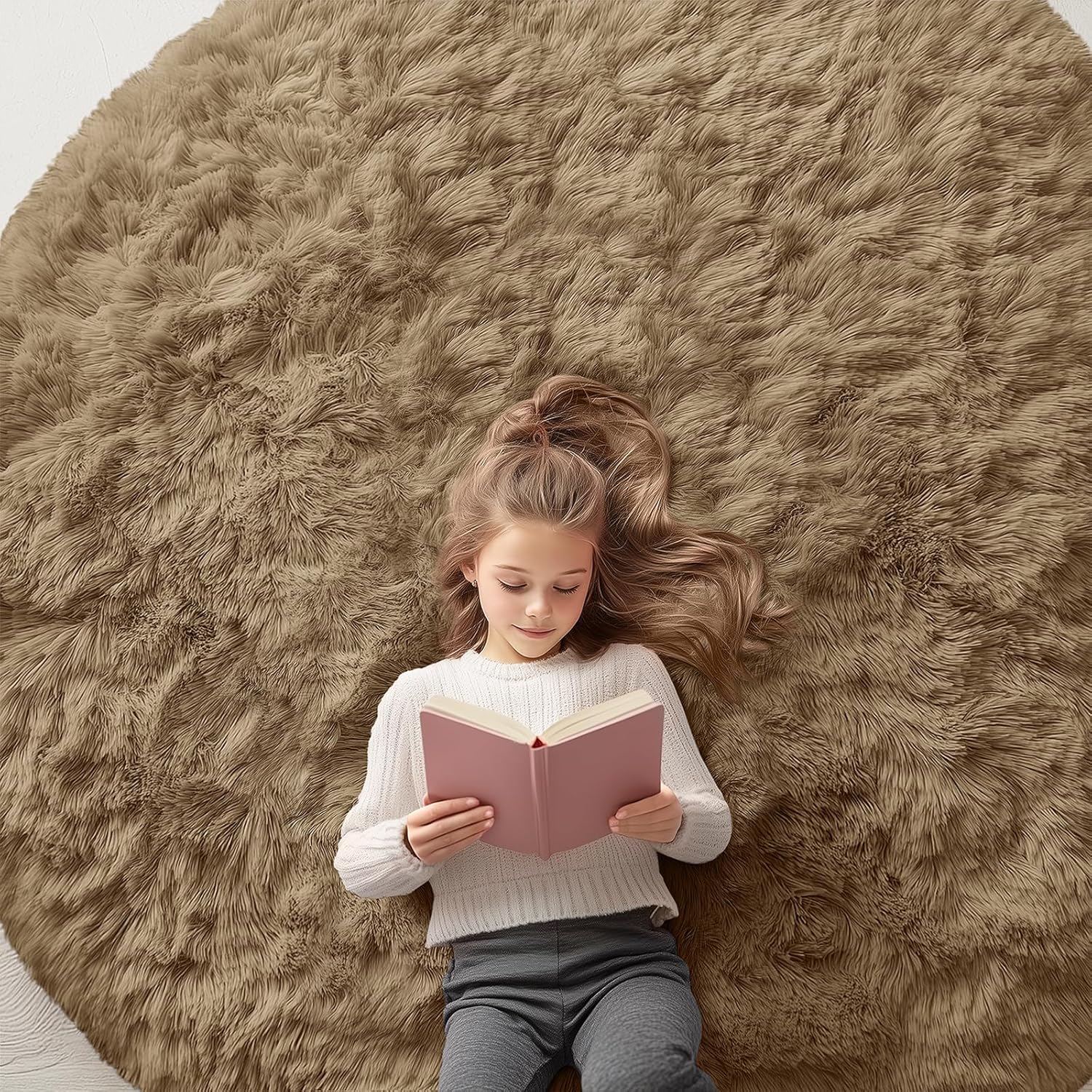 OLANLY Taupe Round Area Rug - Soft, Fluffy 6 ft Machine Washable Carpet for Bedroom & Living Room Decor