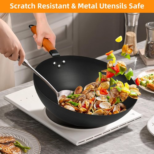 ITSMILLERS 12.5-Inch Carbon Steel Wok with Lid – Pre-Seasoned Flat Bottom Stir-Fry Pan, Nonstick Wok for Induction, Gas, Electric & All Stovetops – Chinese Wok with Glass Lid