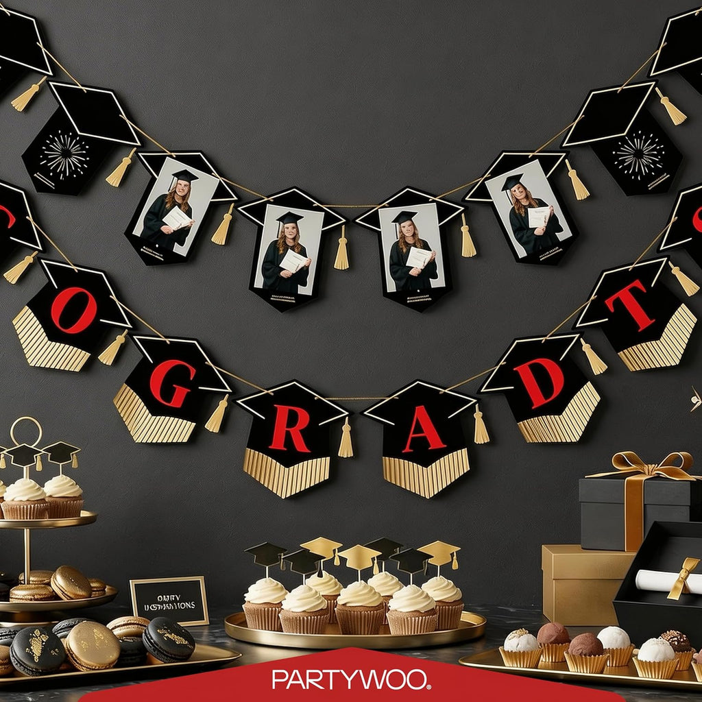 PartyWoo Graduation Banner - Class of 2026 Black and Red Decorations | 2-Piece Hanging Congrats Grad Supplies