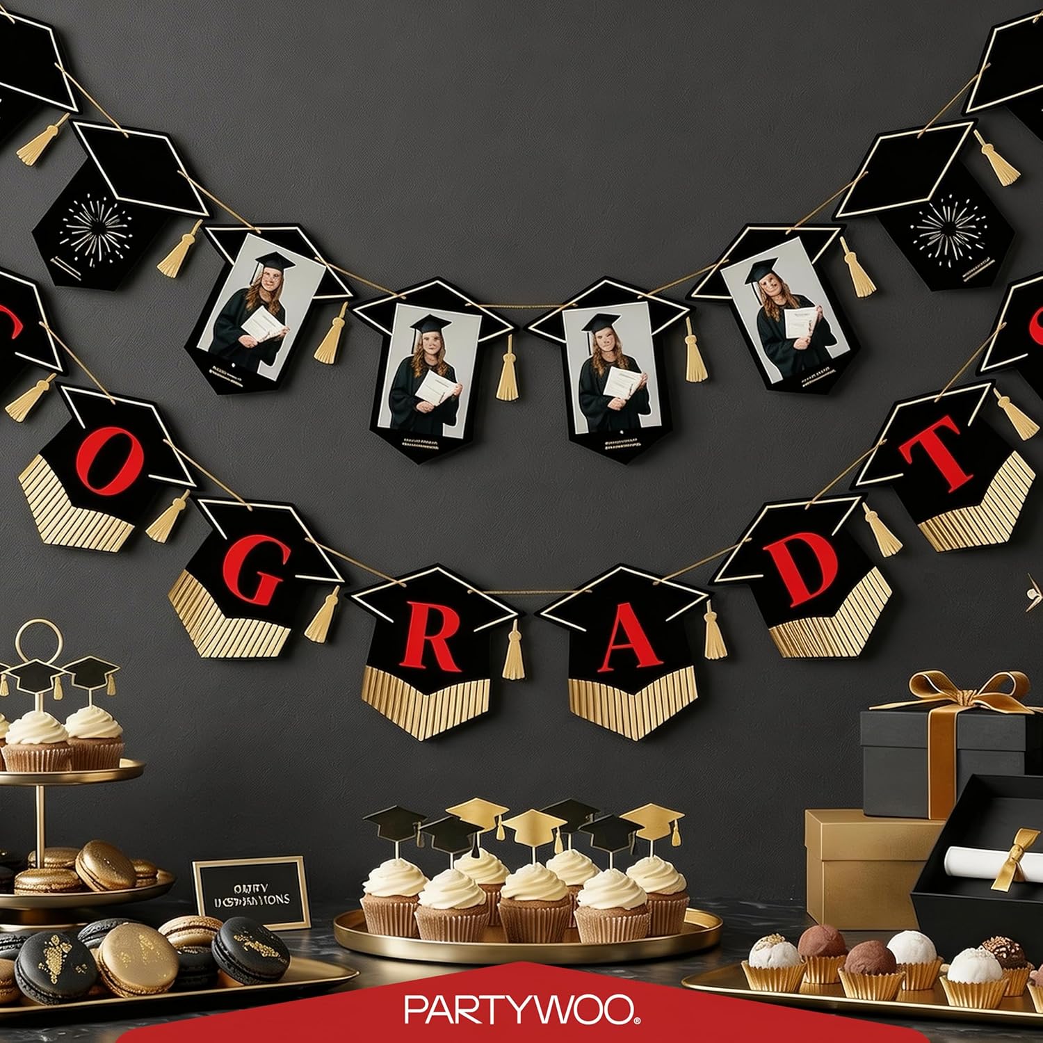 PartyWoo Graduation Banner - Class of 2026 Black and Red Decorations | 2-Piece Hanging Congrats Grad Supplies