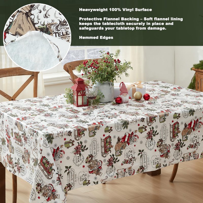 Newbridge Vintage Nostalgia Christmas 60 x 102 Inch Rectangle Vinyl Tablecloth with Flannel Backing – Retro Santa Claus, Snowman & Sleigh Holiday Print Easy-Care Wipe Clean Table Cover