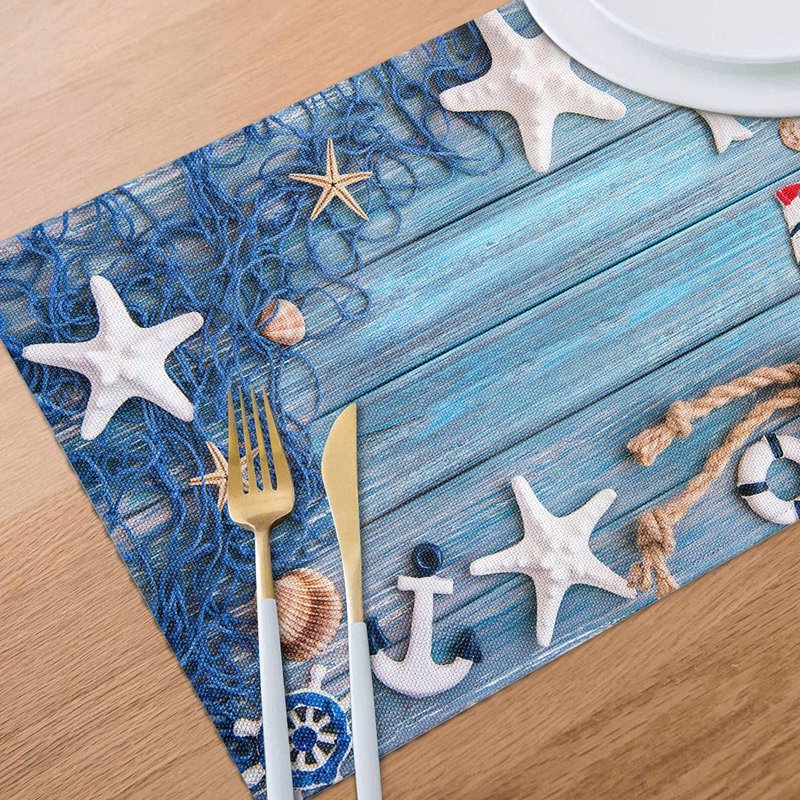 Blue Placemats Set of 8, Summer Nautical Theme Starfish Shell Fishnet Non Slip Heat Resistant Linen Fabric Cloth Place Mats, Washable Holiday Party Dining Table Mats for Coastal Home Kitchen Decor