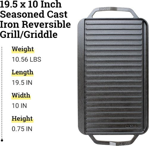Lodge Cast Iron Reversible Grill Griddle - 19.5" x 10" - Perfect for Indoor & Outdoor Cooking - Superior Heat Retention