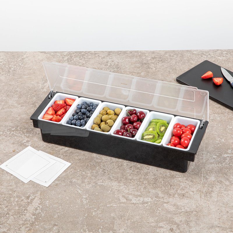 Restaurantware Bar Lux 19.6 x 6.3 x 3.7 Inch Condiment Caddy 1 Durable Bar Caddy - 6 Removable Compartments Built-In Lid Black Plastic Condiment Holder For Restaurant Store Cocktail Garnish