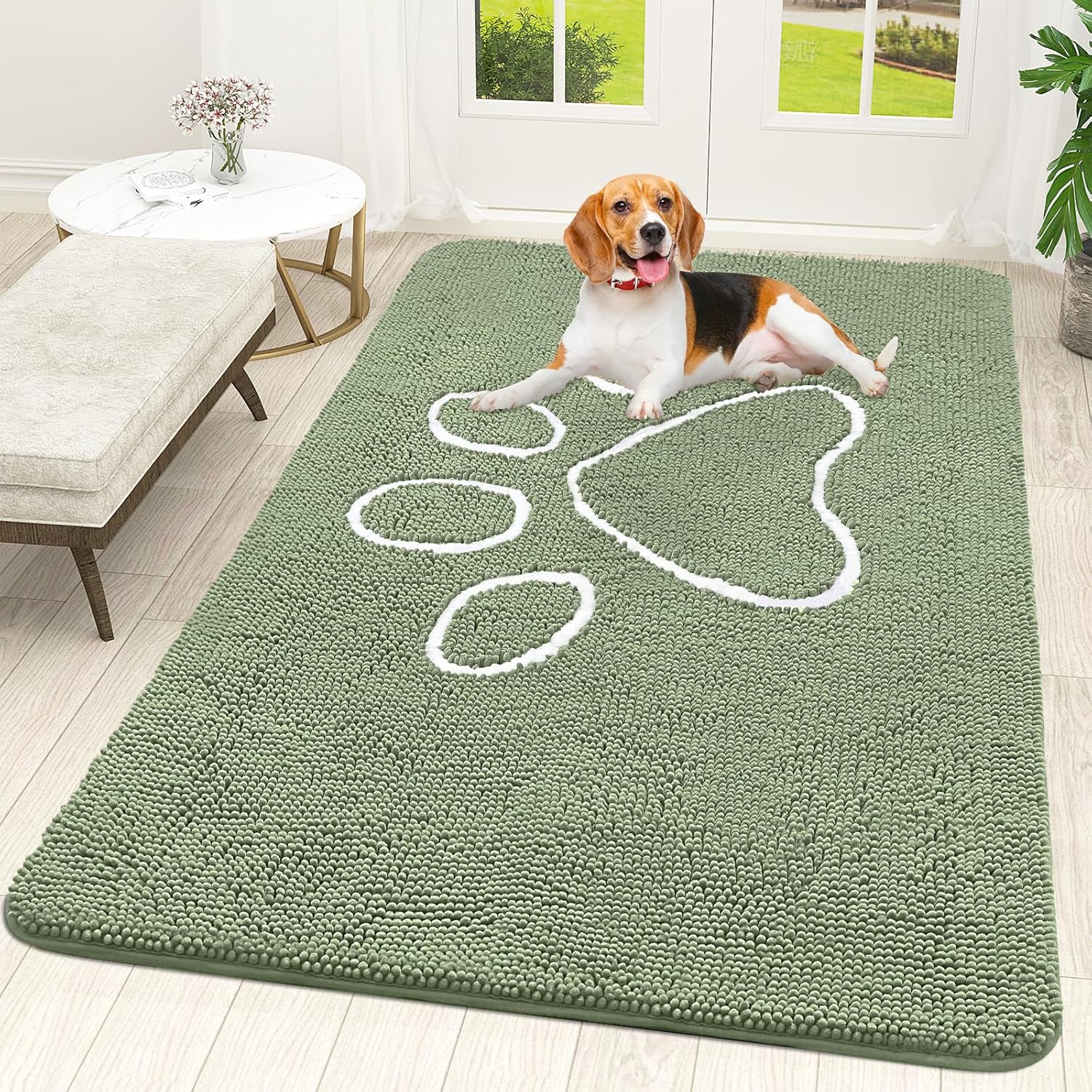 OLANLY Dog Door Mat - Absorbent Muddy Paws Doormat | Non-Slip Chenille, Quick Dry, 70x46, Sage Green
