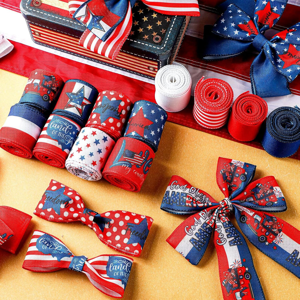 Skiennix Memorial Day Ribbon - 12 Rolls of 60 Yards Stars and Stripes Burlap Wired Edge | Patriotic Crafting