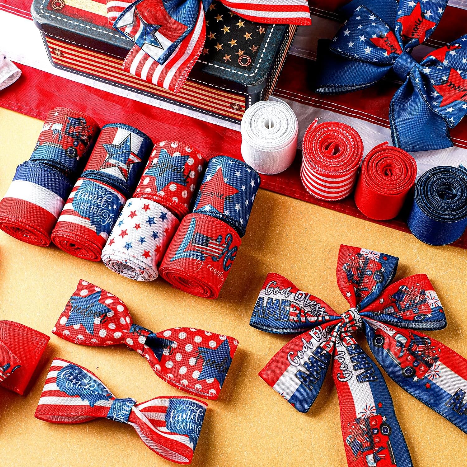 Skiennix Memorial Day Ribbon - 12 Rolls of 60 Yards Stars and Stripes Burlap Wired Edge | Patriotic Crafting
