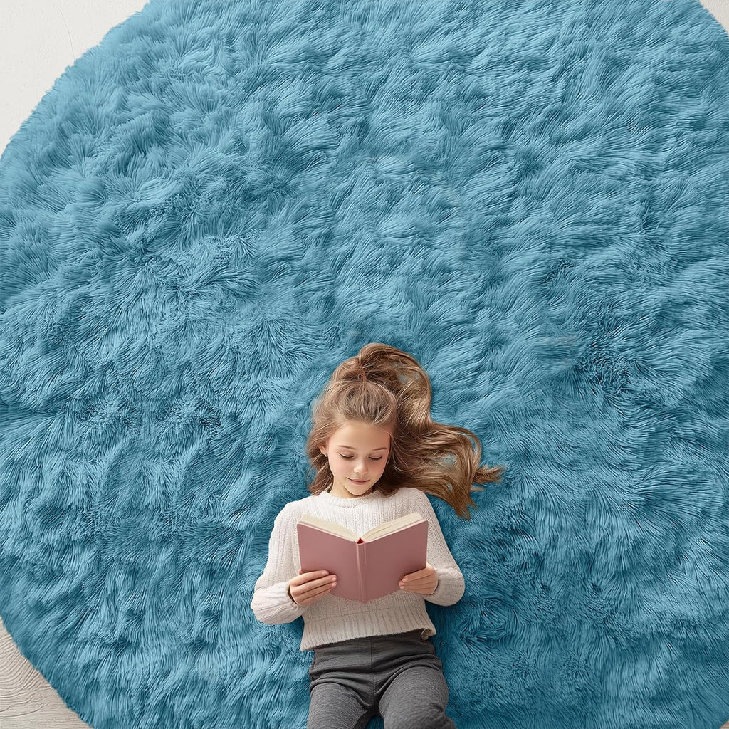 OLANLY Round Slate Blue Area Rug - Soft, Machine Washable 9 ft Shaggy Carpet for Bedroom & Living Room