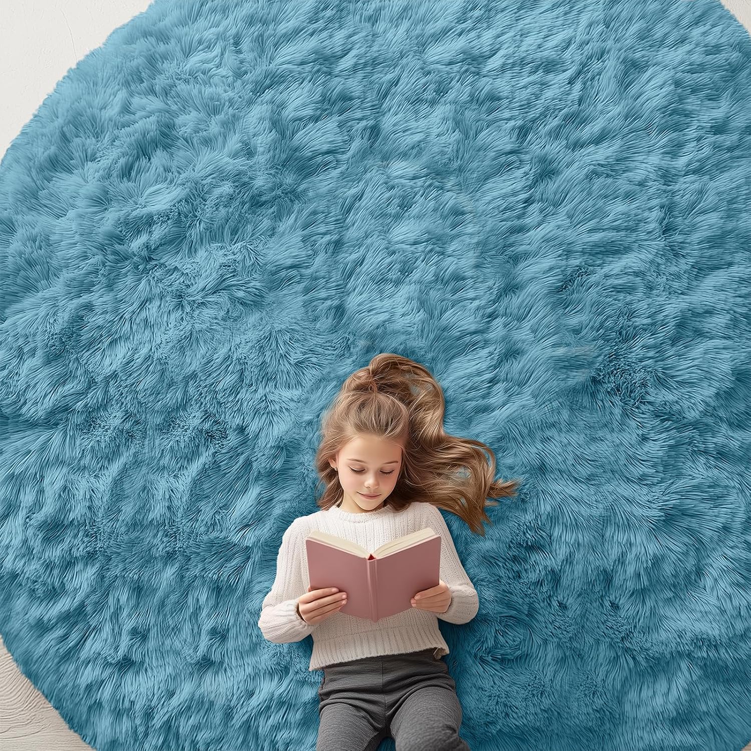 OLANLY Round Slate Blue Area Rug - Soft, Machine Washable 9 ft Shaggy Carpet for Bedroom & Living Room