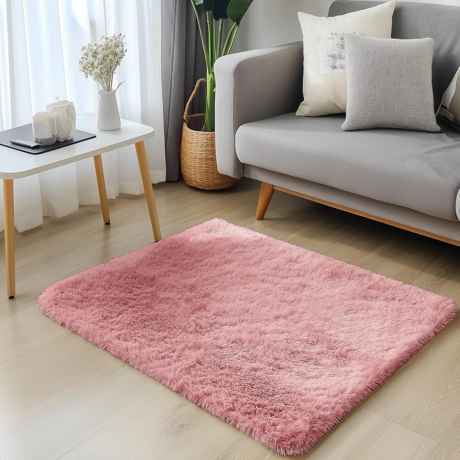 OLANLY Soft Fluffy Shaggy Bedside Rug - Machine Washable 2x3 ft | Pale Pink Indoor Carpet for Kids & Nursery
