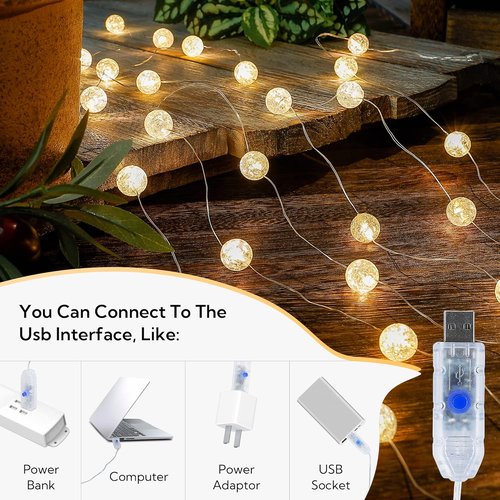 Globe String Lights - 10FT 30 LED Decorative Fairy Lights | 8 Modes Crystal Crackle Balls - Warm White