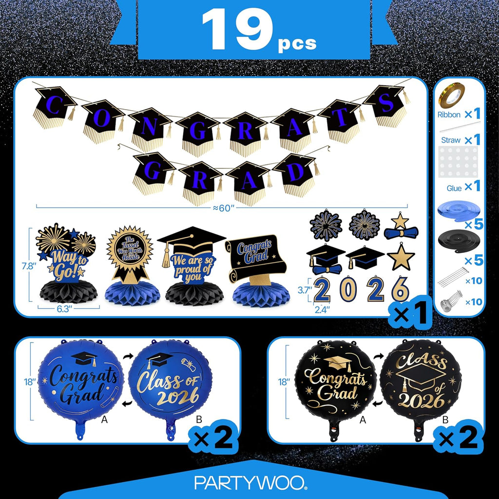 PartyWoo Graduation Decorations - Class of 2026 Black, Gold & Blue 19-Piece Set with Congrats Banner & Balloons