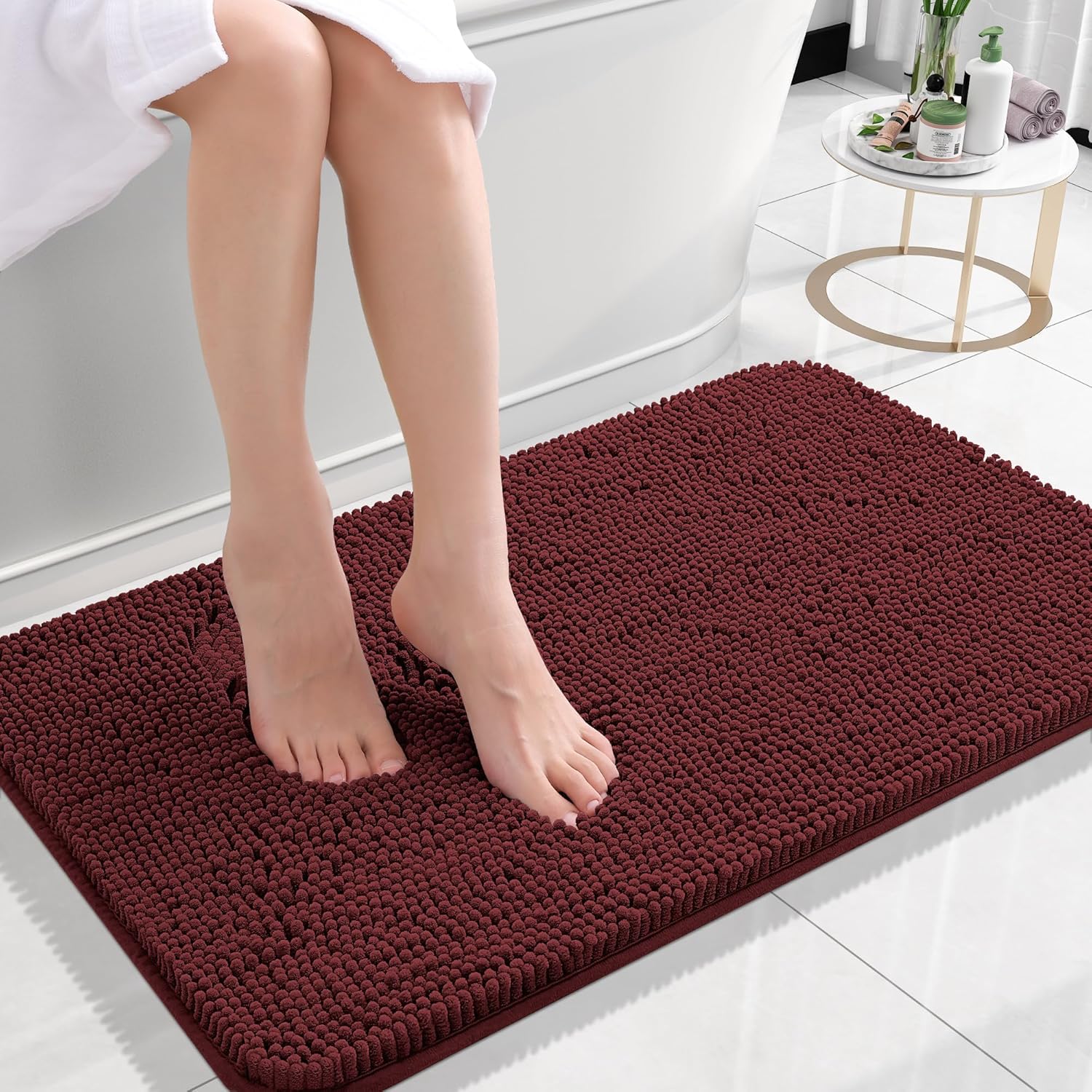 OLANLY Small Bathroom Rugs - Soft Absorbent Chenille Bath Mats | Quick-Dry, Machine Washable, 24x16, Andorra Red-Brown