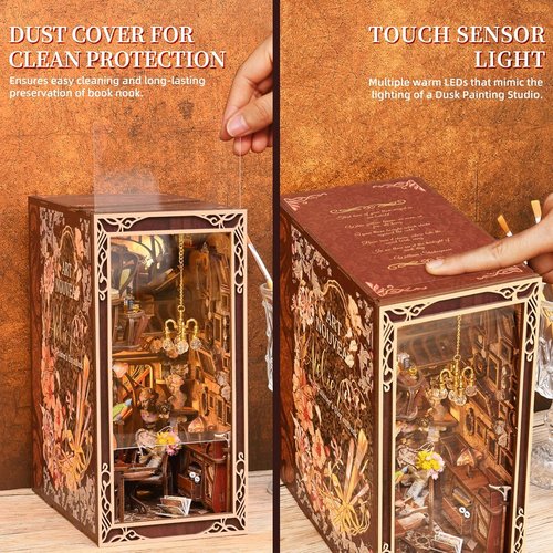 MiniCity Book Nook Kit - DIY Miniature Dollhouse Bookend Decor with LED Light | 3D Wooden Puzzle, Painter's Day at Dusk