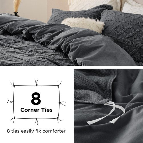 Bedsure Fluffy Flannel Duvet Cover Set - Faux Fur Comforter Cover Queen Size, Dark Grey Warm Plush Bedding for Winter, 3-Piece Set with Zipper Closure (90"x90") and 2 Pillow Shams