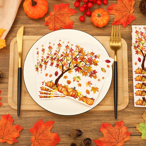 100 Pcs Fall Cocktail Napkins Fall Tree Paper Napkin 3 Ply Pumpkin Maple Leaves Party Dinner Napkins Disposable Autumn Beverage Napkin for Thanksgiving Autumn Harvest Party Supplies Table Decor