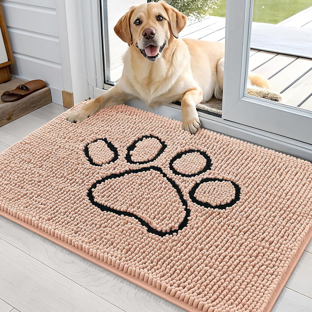 OLANLY Dog Door Mat - Absorbent Non-Slip Mud Mat for Dogs | 36x24 Paw Print Design in Peach