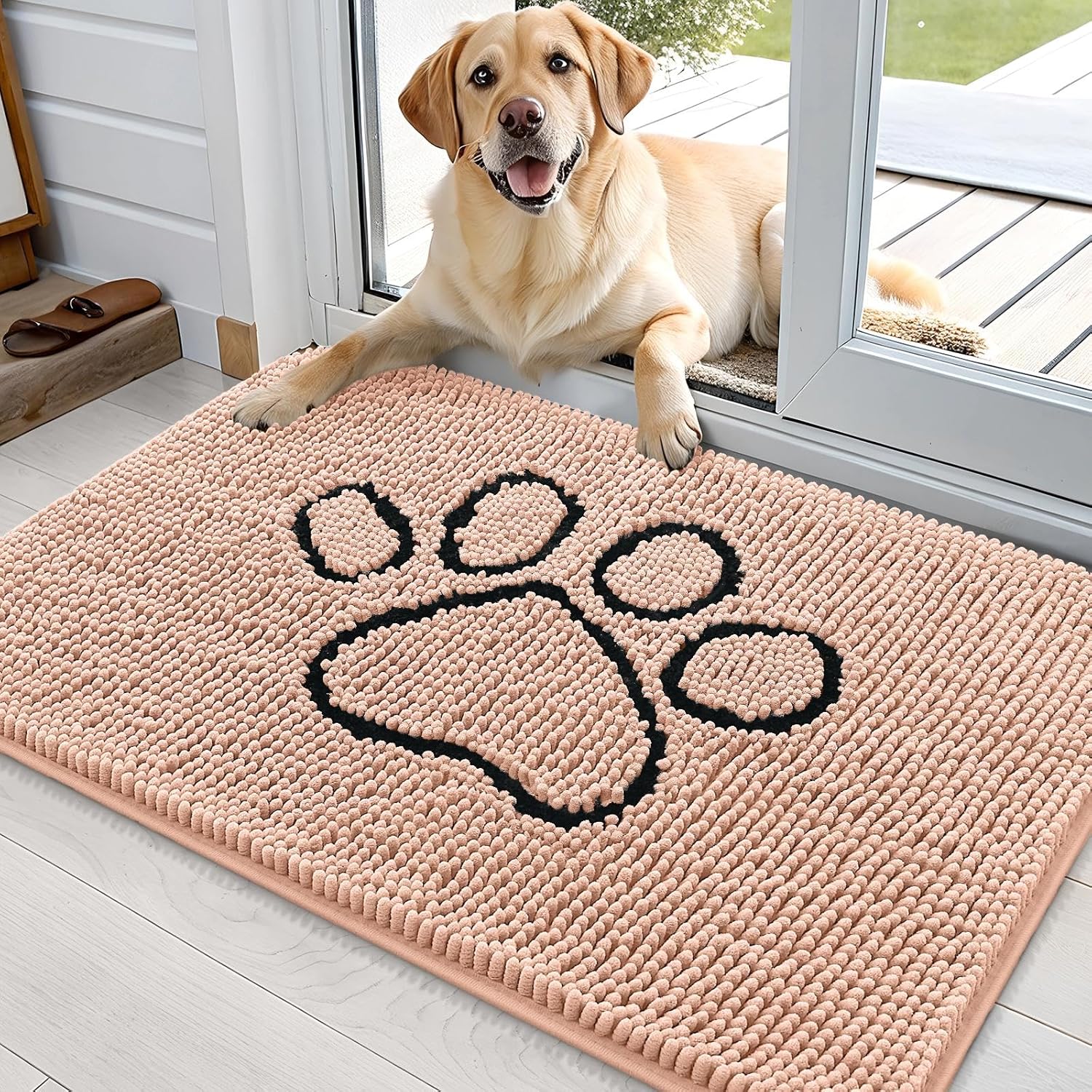 OLANLY Dog Door Mat - Absorbent Non-Slip Mud Mat for Dogs | 36x24 Paw Print Design in Peach