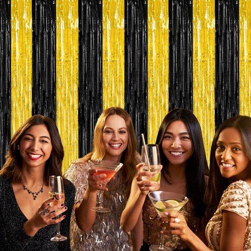2 Pack Black and Gold Foil Fringe Curtains by [Brand Name] - Graduation Backdrop 3.28 FT x 7.05 FT | Class of 2026 Party Decorations