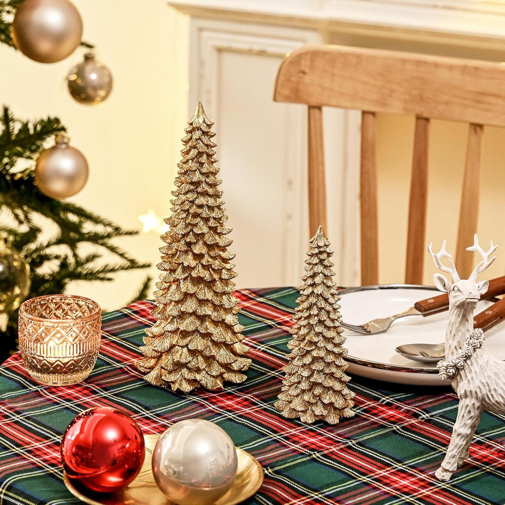 AOMOONOA Gold Christmas Tree Figurines - 2Pcs Resin Glitter Tabletop Decor | Small Xmas Trees for Home