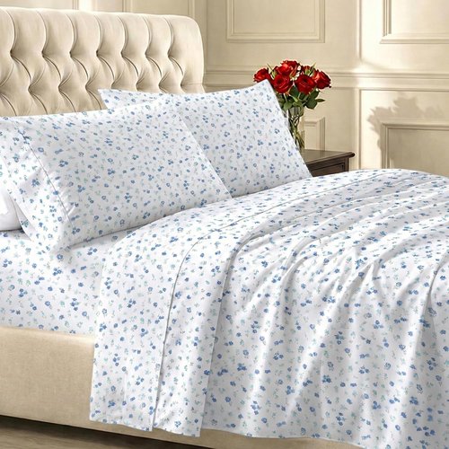 California Design Den Twin Size Cotton Sheet Set - 100% Soft Sateen, 400 Thread Count, Floral White/Blue