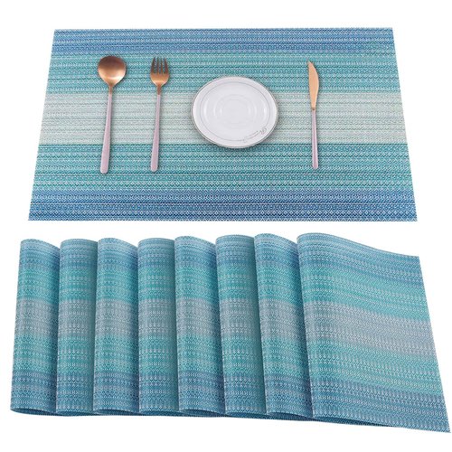HeloHo Blue Placemats Set of 8,Vinyl Table Place Mats Stain Resistant Foldable Placemats Washable Wipeable Placemat for Kitchen Dining Table Decoration Indoor Outdoor.