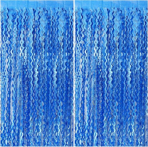 Blue Backdrop Tinsel Foil Fringe Curtains - Sparkling Metallic Party Decorations | Ocean Theme Birthday Decor