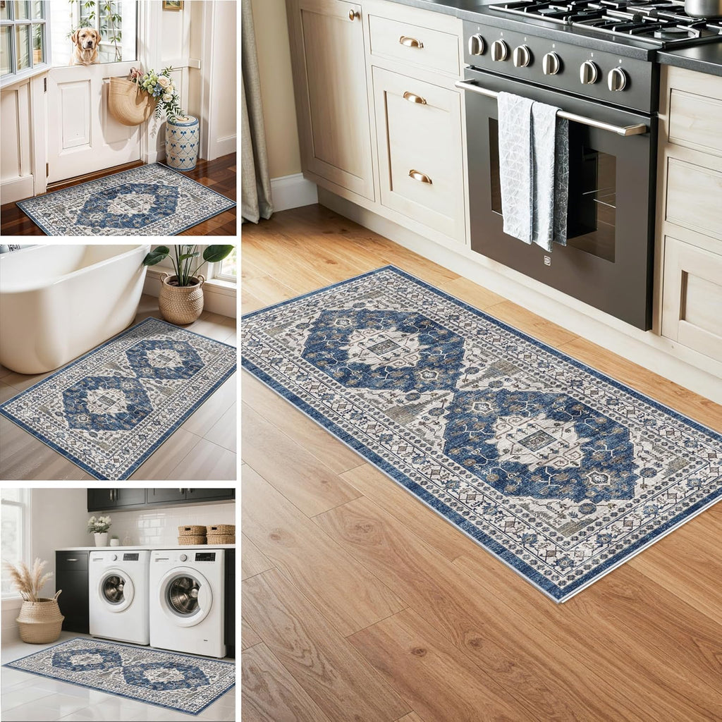 Skiennix Washable Kitchen Floor Mats - Non-Slip Water-Resistant Rugs | Soft Decorative Set (2x3, 2x4, 2x5, 2x6, Blue)
