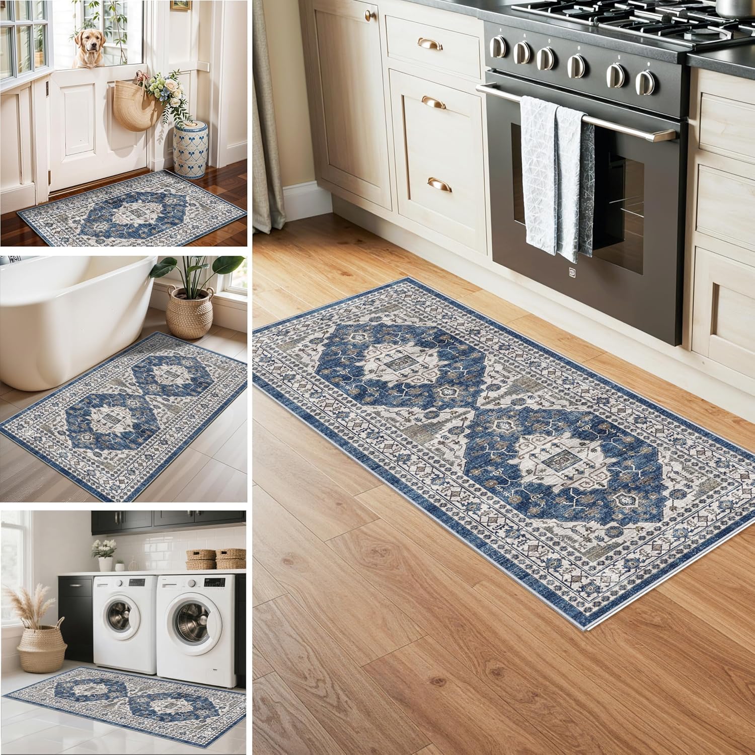 Skiennix Washable Kitchen Floor Mats - Non-Slip Water-Resistant Rugs | Soft Decorative Set (2x3, 2x4, 2x5, 2x6, Blue)