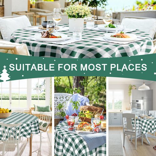 Hiasan Checkered Round Tablecloth 30 Inch - Waterproof Stain and Wrinkle Resistant Washable Fabric Christmas Table Cloth for Dining Room Party Outdoor Picnic, Forest Green and White