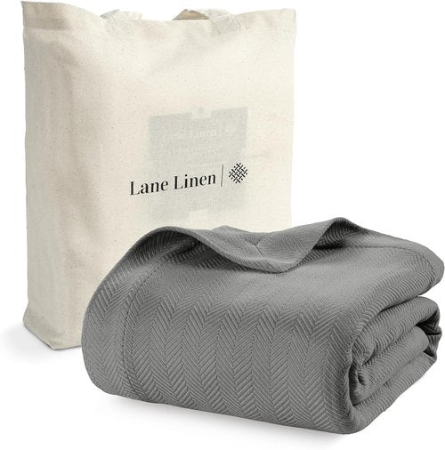 LANE LINEN Queen Size Blanket - 100% Cotton Herringbone Weave for All Seasons | Oeko-TEX Certified - Grey (90"x90")